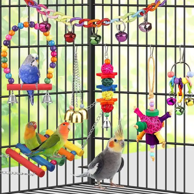 Alt view image 4 of 6 - Bird Toys for Conures with Colorful Ladder Hammock Bird Cage Accerious Bird Perch Stand Chewing Toys Hanging Bell for Parrot Parakeet Cockatiel Lovebirds