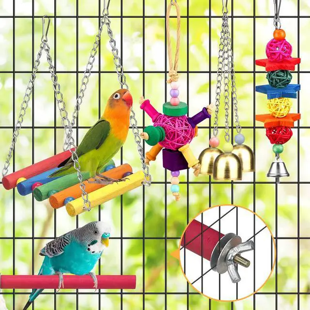 Alt view image 5 of 6 - Bird Toys for Conures with Colorful Ladder Hammock Bird Cage Accerious Bird Perch Stand Chewing Toys Hanging Bell for Parrot Parakeet Cockatiel Lovebirds