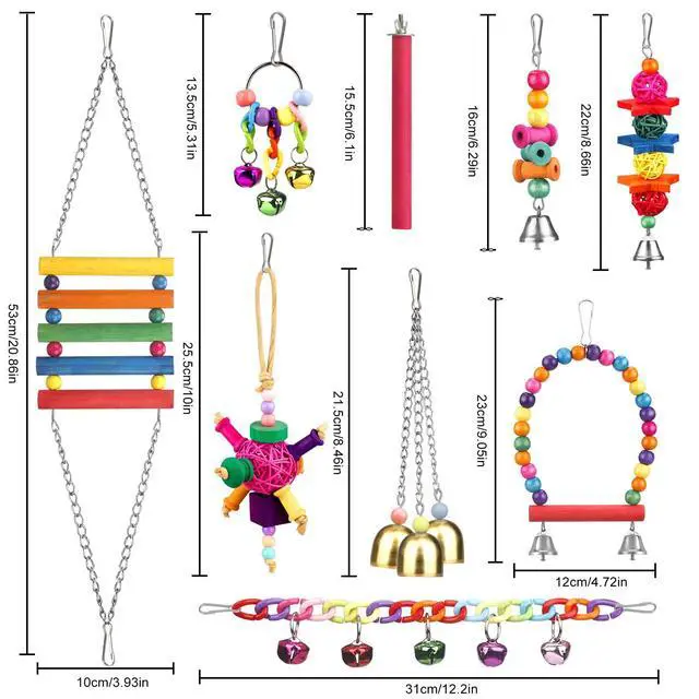 Alt view image 6 of 6 - Bird Toys for Conures with Colorful Ladder Hammock Bird Cage Accerious Bird Perch Stand Chewing Toys Hanging Bell for Parrot Parakeet Cockatiel Lovebirds