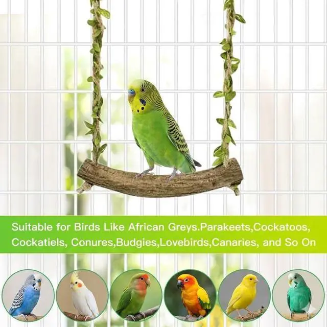 Alt view image 6 of 7 - Natural Wood Bird Swing Perch with Decorative Leaves - 7.1" Durable Bird Stand Platform Toy for Cage, Hanging Budgie Parakeet Hammock Accessories for Lovebirds, Cockatiels, Conures, Finches