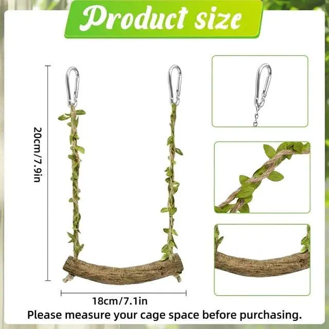 Alt view image 2 of 7 - Natural Wood Bird Swing Perch with Decorative Leaves - 7.1" Durable Bird Stand Platform Toy for Cage, Hanging Budgie Parakeet Hammock Accessories for Lovebirds, Cockatiels, Conures, Finches