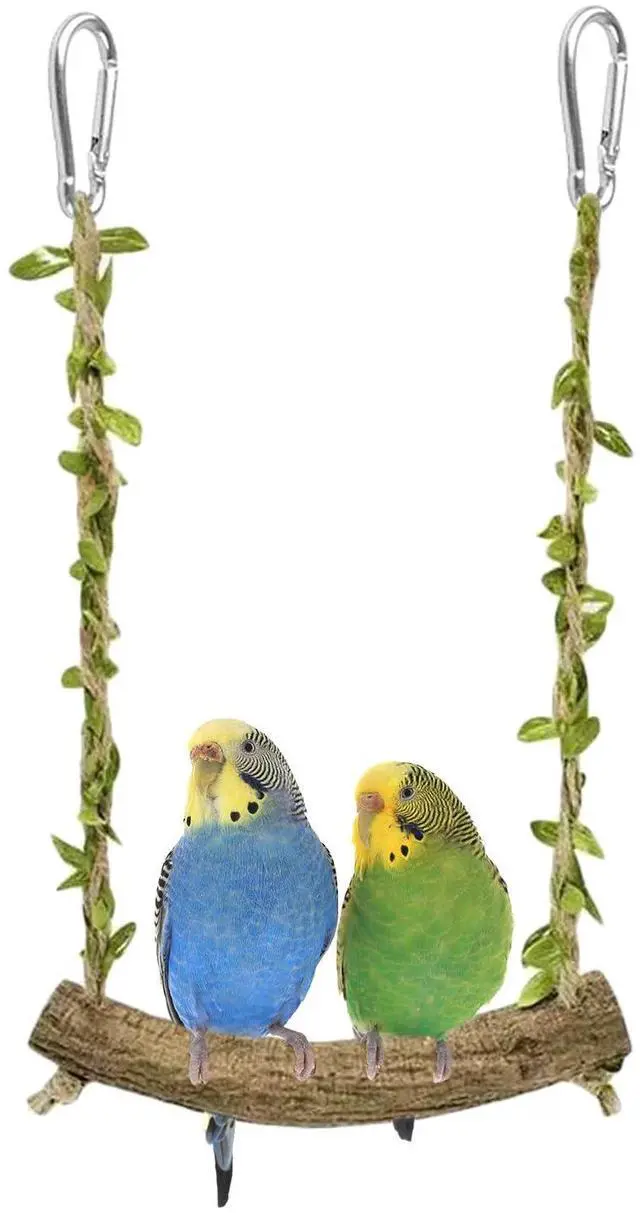 Main image of Natural Wood Bird Swing Perch with Decorative Leaves - 7.1" Durable Bird Stand Platform Toy for Cage, Hanging Budgie Parakeet Hammock Accessories for Lovebirds, Cockatiels, Conures, Finches