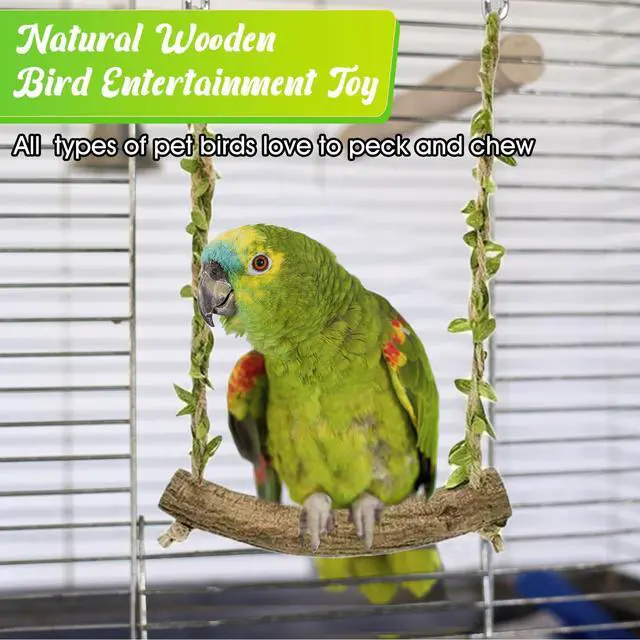 Alt view image 5 of 7 - Natural Wood Bird Swing Perch with Decorative Leaves - 7.1" Durable Bird Stand Platform Toy for Cage, Hanging Budgie Parakeet Hammock Accessories for Lovebirds, Cockatiels, Conures, Finches