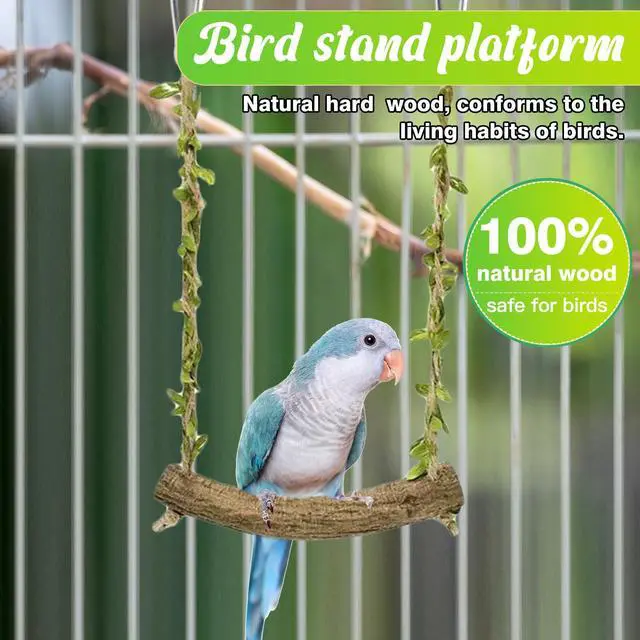 Alt view image 3 of 7 - Natural Wood Bird Swing Perch with Decorative Leaves - 7.1" Durable Bird Stand Platform Toy for Cage, Hanging Budgie Parakeet Hammock Accessories for Lovebirds, Cockatiels, Conures, Finches