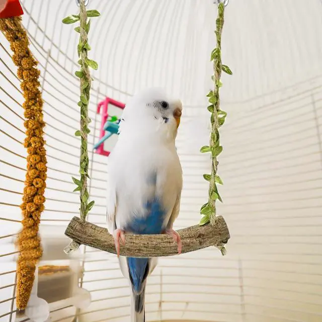 Alt view image 7 of 7 - Natural Wood Bird Swing Perch with Decorative Leaves - 7.1" Durable Bird Stand Platform Toy for Cage, Hanging Budgie Parakeet Hammock Accessories for Lovebirds, Cockatiels, Conures, Finches