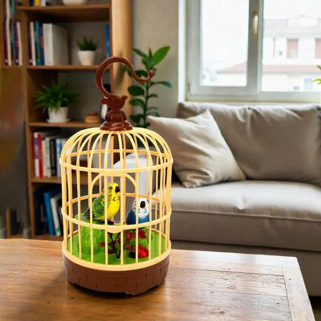 Alt view image 4 of 7 - Singing Bird in a Cage Toy, Voice-Activated Induction Birdcage with Talking Chirping Parrot, Realistic Moving Animation, Lifelike Sound, Motion Sensor Music Box, Desk Room Decor (No battery included)