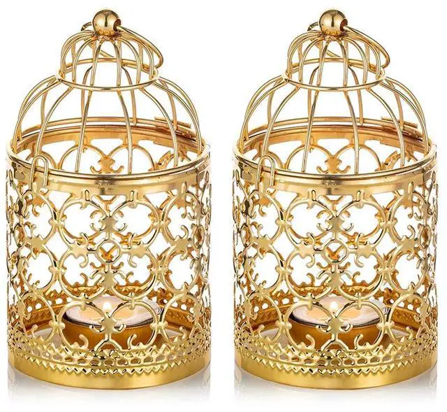 Main image of Hanging Birdcage Lantern Tealight, 2 Pcs Small Gold Candle Holders | Small Metal Tea Light Holder for Christmas Diwali Ramadan Decor, Vintage Decorative Centerpieces for Wedding Party