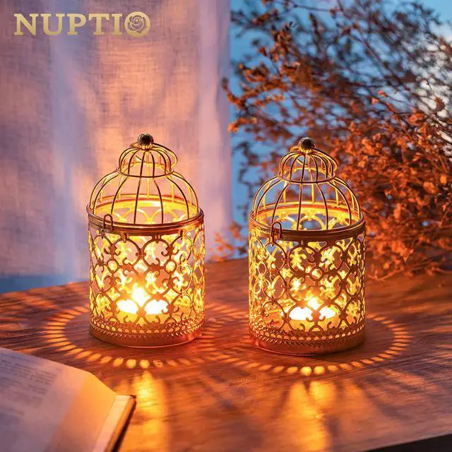 Alt view image 2 of 7 - Hanging Birdcage Lantern Tealight, 2 Pcs Small Gold Candle Holders | Small Metal Tea Light Holder for Christmas Diwali Ramadan Decor, Vintage Decorative Centerpieces for Wedding Party