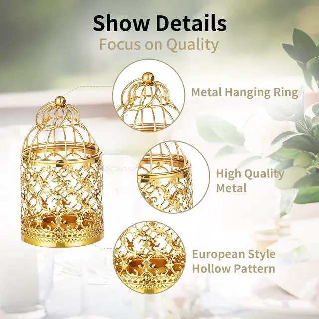 Alt view image 4 of 7 - Hanging Birdcage Lantern Tealight, 2 Pcs Small Gold Candle Holders | Small Metal Tea Light Holder for Christmas Diwali Ramadan Decor, Vintage Decorative Centerpieces for Wedding Party