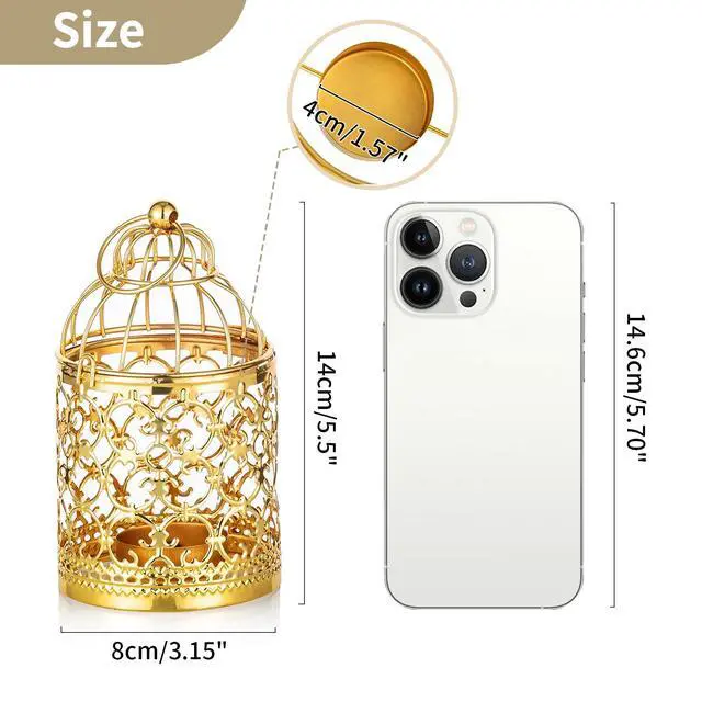 Alt view image 5 of 7 - Hanging Birdcage Lantern Tealight, 2 Pcs Small Gold Candle Holders | Small Metal Tea Light Holder for Christmas Diwali Ramadan Decor, Vintage Decorative Centerpieces for Wedding Party