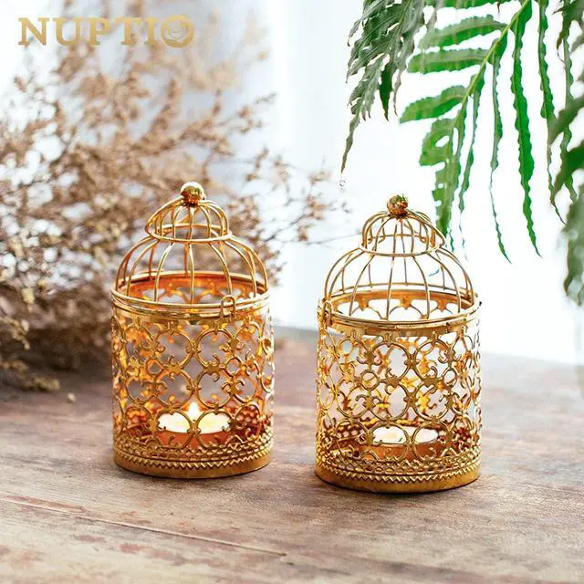 Alt view image 3 of 7 - Hanging Birdcage Lantern Tealight, 2 Pcs Small Gold Candle Holders | Small Metal Tea Light Holder for Christmas Diwali Ramadan Decor, Vintage Decorative Centerpieces for Wedding Party
