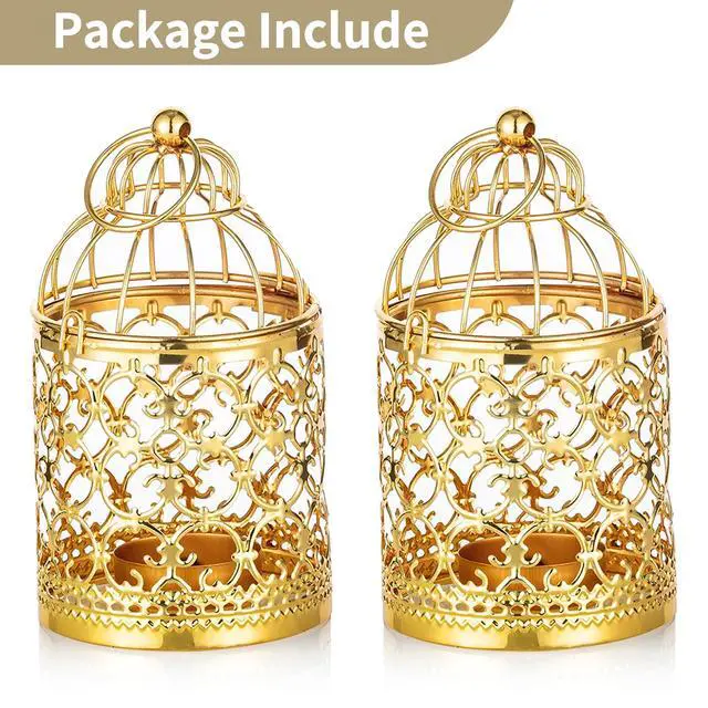 Alt view image 6 of 7 - Hanging Birdcage Lantern Tealight, 2 Pcs Small Gold Candle Holders | Small Metal Tea Light Holder for Christmas Diwali Ramadan Decor, Vintage Decorative Centerpieces for Wedding Party