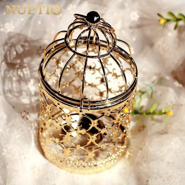 Alt view image 7 of 7 - Hanging Birdcage Lantern Tealight, 2 Pcs Small Gold Candle Holders | Small Metal Tea Light Holder for Christmas Diwali Ramadan Decor, Vintage Decorative Centerpieces for Wedding Party