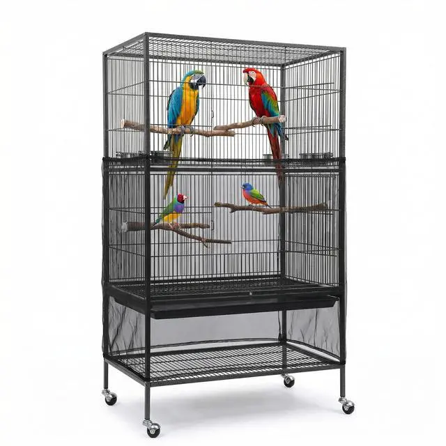 Main image of Large Bird Cage Cover Bird Cage Seed Catcher 118 x 31 Inches Adjustable Elastic Band Mesh Birdcage Cover Net Skirt for Parrot Parakeet Macaw African Cages (Black)