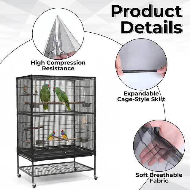 Alt view image 3 of 7 - Large Bird Cage Cover Bird Cage Seed Catcher 118 x 31 Inches Adjustable Elastic Band Mesh Birdcage Cover Net Skirt for Parrot Parakeet Macaw African Cages (Black)