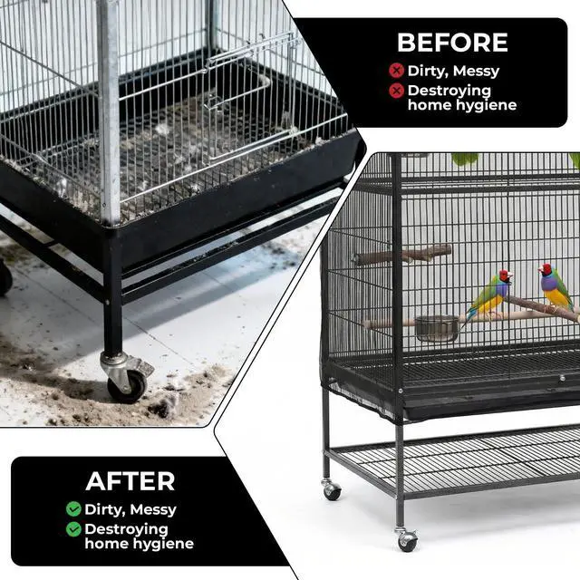 Alt view image 4 of 7 - Large Bird Cage Cover Bird Cage Seed Catcher 118 x 31 Inches Adjustable Elastic Band Mesh Birdcage Cover Net Skirt for Parrot Parakeet Macaw African Cages (Black)