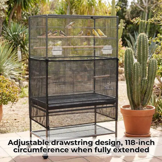 Alt view image 5 of 7 - Large Bird Cage Cover Bird Cage Seed Catcher 118 x 31 Inches Adjustable Elastic Band Mesh Birdcage Cover Net Skirt for Parrot Parakeet Macaw African Cages (Black)