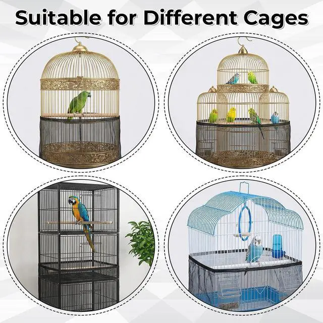 Alt view image 7 of 7 - Large Bird Cage Cover Bird Cage Seed Catcher 118 x 31 Inches Adjustable Elastic Band Mesh Birdcage Cover Net Skirt for Parrot Parakeet Macaw African Cages (Black)