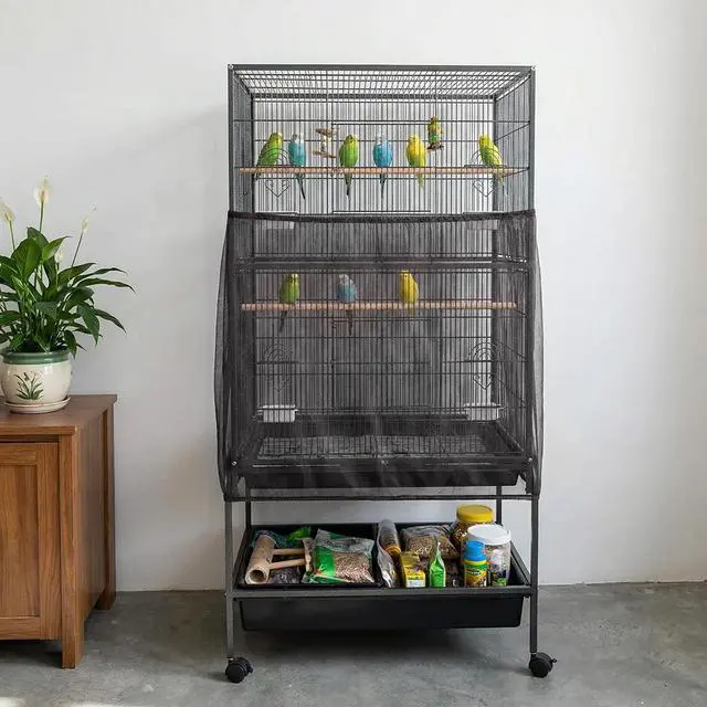 Alt view image 6 of 7 - Large Bird Cage Cover Bird Cage Seed Catcher 118 x 31 Inches Adjustable Elastic Band Mesh Birdcage Cover Net Skirt for Parrot Parakeet Macaw African Cages (Black)