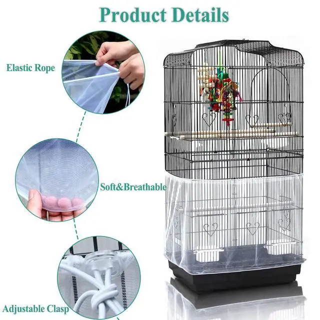 Alt view image 3 of 7 - Bird Cage Seed Cather,Universal Adjustable Birdcage Cover Skirt | Nylon Mesh Netting Parrot Parakeet Macaw African Round Square Cages Cover