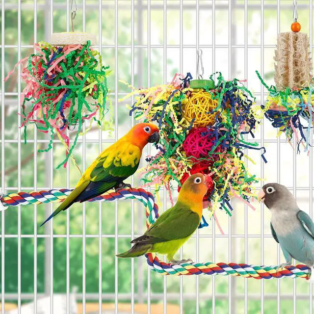 Alt view image 2 of 6 - Bird Shredding Foraging Toys Parakeet Toy Chewing Hanging Toy Shredded Paper Bird Cage Accessories Bird Rope Perch for Conure Cockatiel Budgies Lovebird Parrotlet