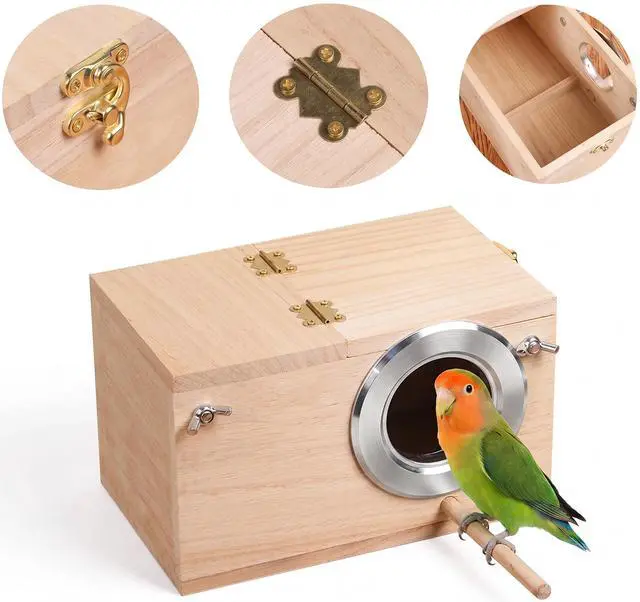 Alt view image 2 of 7 - Wood Parakeet Nest Box with Natural Nesting Pads, Breeding Bird Cage House for Lovebirds Cockatiel Parrotlets Budgerigar Small Parrot