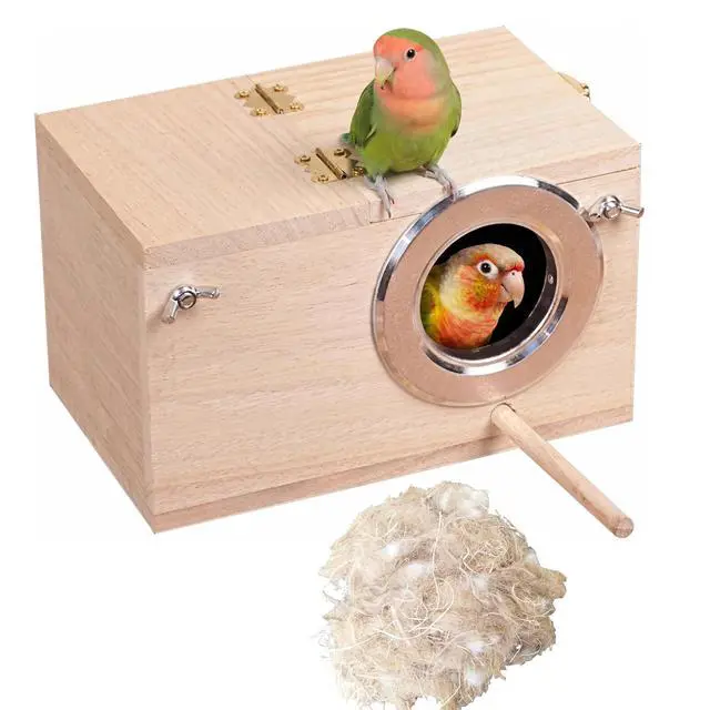 Main image of Wood Parakeet Nest Box with Natural Nesting Pads, Breeding Bird Cage House for Lovebirds Cockatiel Parrotlets Budgerigar Small Parrot