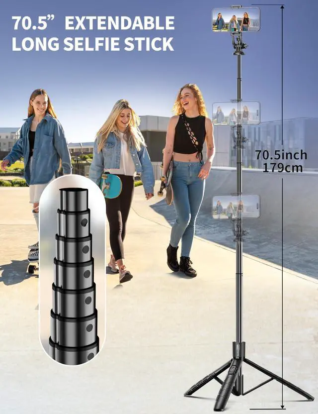 Alt view image 3 of 7 - Aluminum 71" Phone Tripod, Travel Tripods for iPhone with Remote, Extendable Cell Phone Selfie Stick Tripod Stand Compatible with iPhone 17/16/15/14/13/Android/Camera