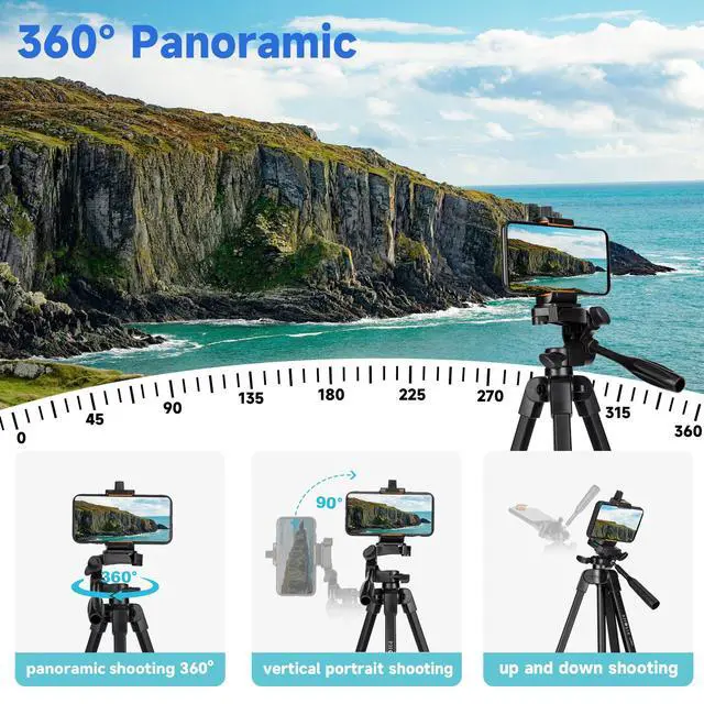 Alt view image 2 of 7 - 55" Phone Tripod, Aluminum Extendable Tripod Stand with Shutter, Carrying Bag, Compatible with iPhone/Android/Sport Camera&Insta 360 x5 Perfect for Video Recording/Selfies/Live Stream/Vlogging