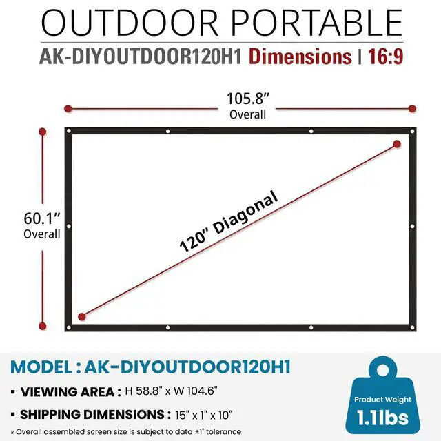 Alt view image 2 of 4 - 120" Dual Projection Projector Screen, 16:9 Front & Rear, Portable Foldable Anti-Crease, 8K / 4K Ultra HD Ready Indoor Outdoor Home Theater Screen, AK-DIYOUTDOOR120H1.