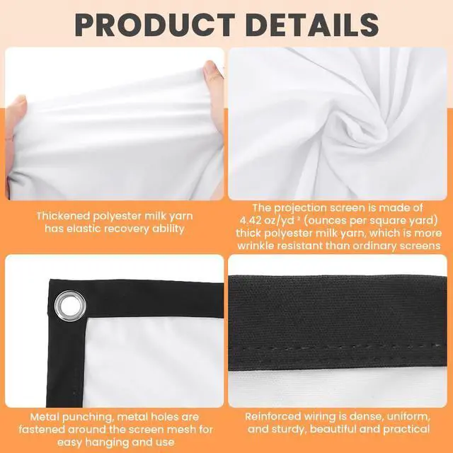 Alt view image 5 of 7 - Projector Screen, White Projector Screen, 16:9 No Crease Home Theater Foldable Projection Screen 60"|72"|84"|100"|120"|150" (60 inch Thickened)
