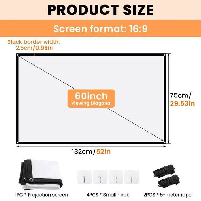 Alt view image 7 of 7 - Projector Screen, White Projector Screen, 16:9 No Crease Home Theater Foldable Projection Screen 60"|72"|84"|100"|120"|150" (60 inch Thickened)