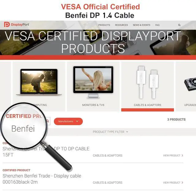 Alt view image 2 of 7 - DisplayPort to DisplayPort 6 Feet Cable, Benfei DP to DP Male to Male Cable Gold-Plated Cord, Supports 4K@60Hz, 2K@144Hz Compatible for Lenovo, Dell, HP, ASUS and More