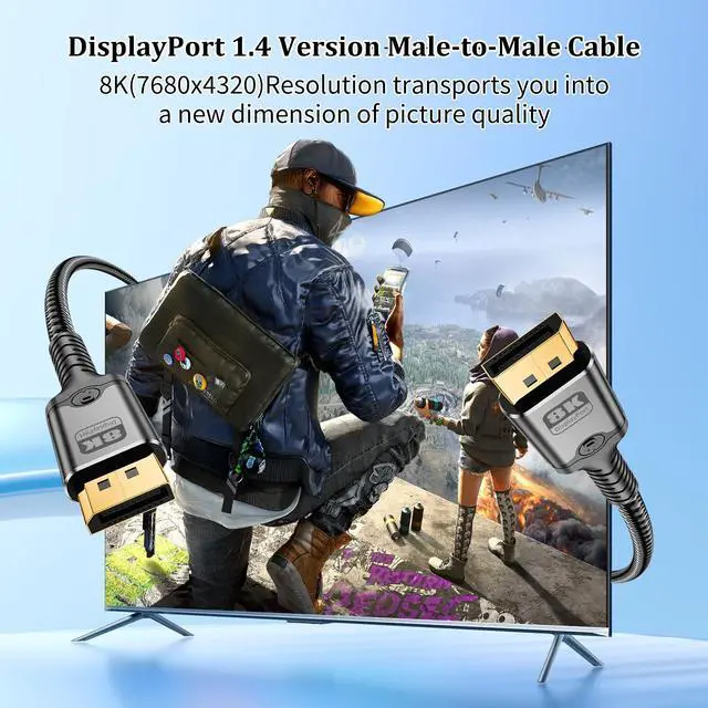 Alt view image 2 of 7 - 8K DisplayPort Cable 1.4,DP to DP Cable 3.3FT,8K@60Hz 4K@144Hz,Display Port to Display Port 32.4Gbps High-Speed Transfer,Nylon Braided Cord for Gaming Monitors,TVs and Computer Devices