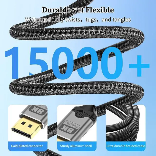 Alt view image 3 of 7 - 8K DisplayPort Cable 1.4,DP to DP Cable 3.3FT,8K@60Hz 4K@144Hz,Display Port to Display Port 32.4Gbps High-Speed Transfer,Nylon Braided Cord for Gaming Monitors,TVs and Computer Devices