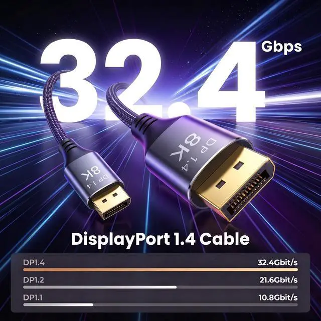 Alt view image 2 of 7 - DisplayPort Cable 1.4, 8K@60Hz 4K@144Hz Ultra HD DisplayPort Cord | 32.4Gbps HDR HDCP, FreeSync G-Sync, Braided DP Cables for Monitors, HDTVs, Gaming, PC Graphics 1.5ft/0.5M