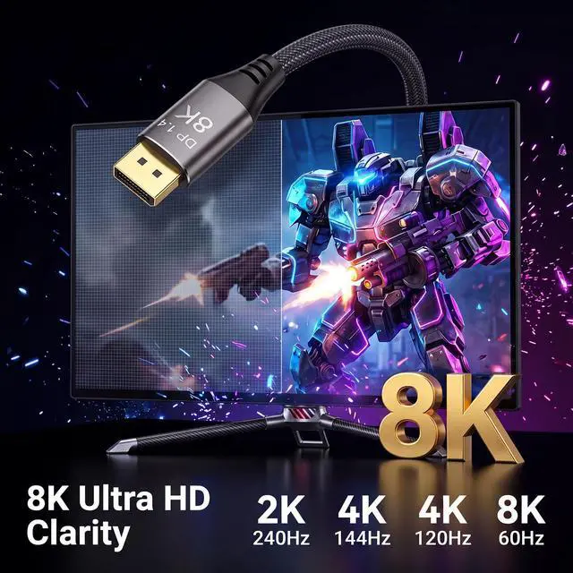 Alt view image 3 of 7 - DisplayPort Cable 1.4, 8K@60Hz 4K@144Hz Ultra HD DisplayPort Cord | 32.4Gbps HDR HDCP, FreeSync G-Sync, Braided DP Cables for Monitors, HDTVs, Gaming, PC Graphics 1.5ft/0.5M