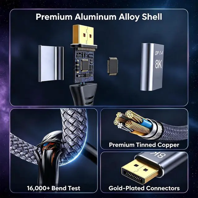 Alt view image 5 of 7 - DisplayPort Cable 1.4, 8K@60Hz 4K@144Hz Ultra HD DisplayPort Cord | 32.4Gbps HDR HDCP, FreeSync G-Sync, Braided DP Cables for Monitors, HDTVs, Gaming, PC Graphics 1.5ft/0.5M