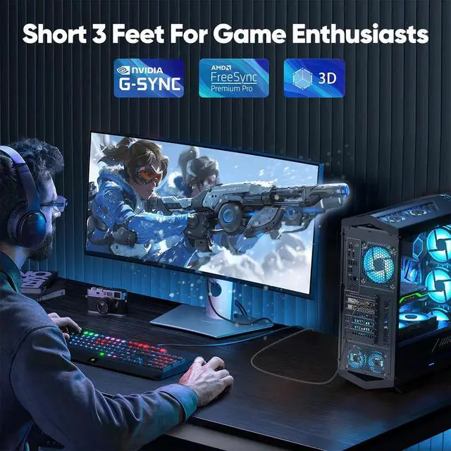 Alt view image 2 of 7 - Display Port Cable 3ft, Display Port DP 1.4 8K@60Hz, 4K@144Hz, 2K@165Hz, 1080P@240Hz, 32.4Gbps Short Cord for Gaming Computer PC Laptop to Monitor
