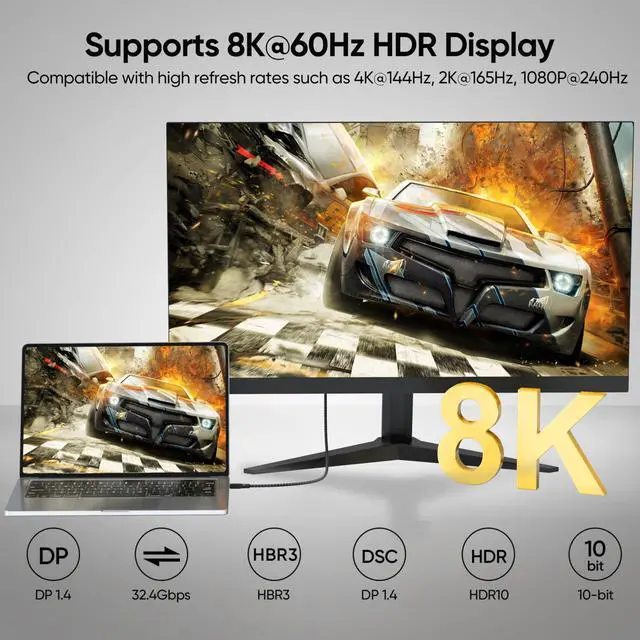 Alt view image 3 of 7 - Display Port Cable 3ft, Display Port DP 1.4 8K@60Hz, 4K@144Hz, 2K@165Hz, 1080P@240Hz, 32.4Gbps Short Cord for Gaming Computer PC Laptop to Monitor