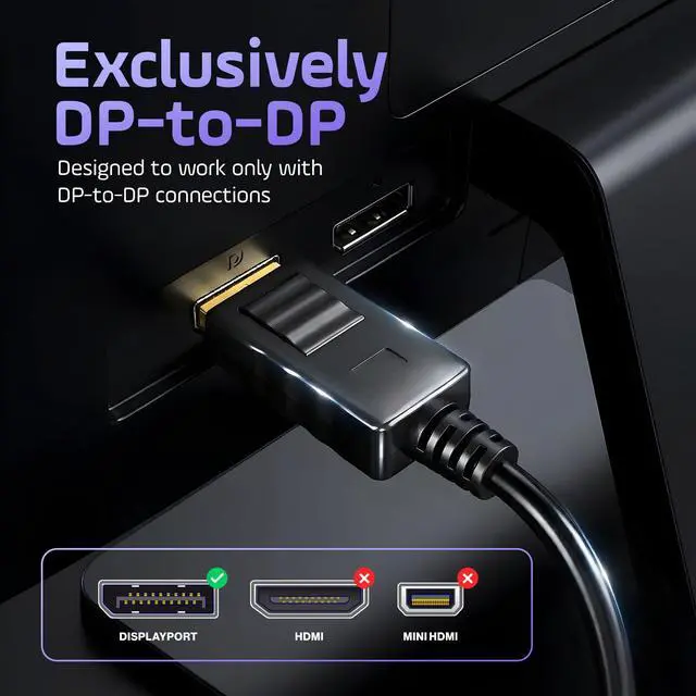 Alt view image 5 of 7 - Premium 6ft DisplayPort Cable 4K@60Hz, 1440p@165Hz, 1080p@240Hz, High-Speed HD DP to DP Cord with Locking Latches, Designed for PC, Graphics Card, TV, Laptop, Monitor and Gaming PC Accessories