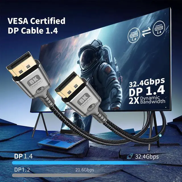 Alt view image 2 of 7 - 8K DisplayPort Cable 1.4, 3.3FT DP Cord (VESA Certified, 8K@60Hz) | 32.4Gbps High Speed Display Port Cable for Gaming Monitor, HDR/FreeSync/G-Sync, Braided & Gold-Plated (DP to DP)