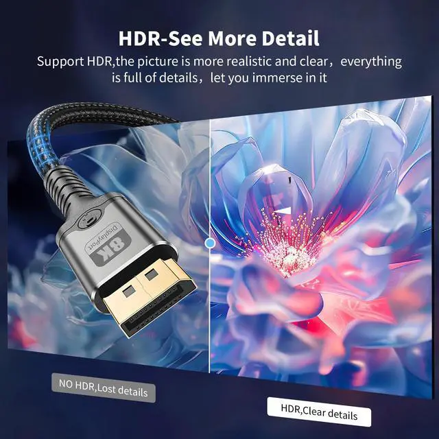 Alt view image 5 of 7 - 8K DisplayPort Cable 1.4, 3.3FT DP Cord (VESA Certified, 8K@60Hz) | 32.4Gbps High Speed Display Port Cable for Gaming Monitor, HDR/FreeSync/G-Sync, Braided & Gold-Plated (DP to DP)