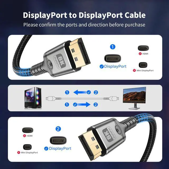 Alt view image 6 of 7 - 8K DisplayPort Cable 1.4, 3.3FT DP Cord (VESA Certified, 8K@60Hz) | 32.4Gbps High Speed Display Port Cable for Gaming Monitor, HDR/FreeSync/G-Sync, Braided & Gold-Plated (DP to DP)