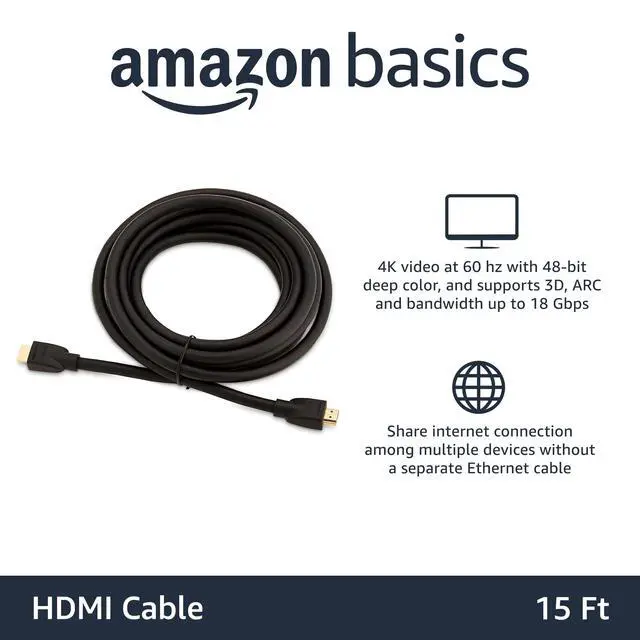 Alt view image 2 of 4 - HDMI Cable, 15 ft, 4K@60Hz, High-Speed 4K HDMI 2.0 Cord, 18Gbps, 2160p, 48 bit, Ethernet, Compatible with TV/PS5/Xbox/Roku, Black