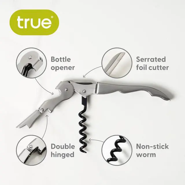 Alt view image 2 of 7 - Truetap Double Hinged Waiter's Corkscrew Wine Opener, Stainless Steel Wine Bottle Opener with Built In Foil Cutter, Home Bar Tools, Bar Cart Accessories, Wedding Gifts, Set of 1, Metallic Silver