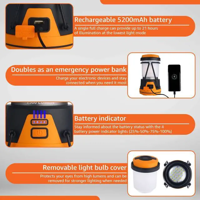 Alt view image 4 of 7 - Rechargeable LED Camping Lantern - Power Outages, Hurricanes, Emergency, Hiking, Outdoor - Bright Battery Powered Electric Survival Light with Built-in Power Bank- Portable and Waterproof Camp Lantern