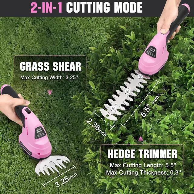 Alt view image 2 of 7 - 2-in-1 Cordless Grass Shear and Hedge Trimmer - Pink, 8V Handheld Electric Shrub Trimmer/Grass Cutter with Rechargeable Lithium-Ion Battery and Type-C Charging Cable