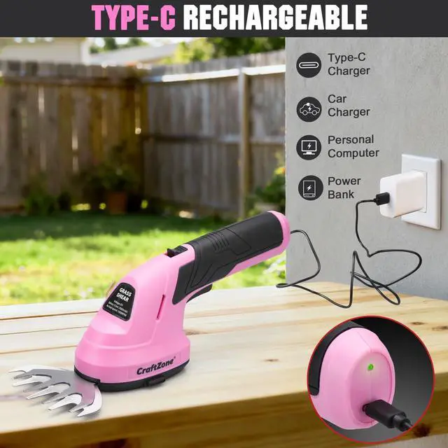 Alt view image 4 of 7 - 2-in-1 Cordless Grass Shear and Hedge Trimmer - Pink, 8V Handheld Electric Shrub Trimmer/Grass Cutter with Rechargeable Lithium-Ion Battery and Type-C Charging Cable