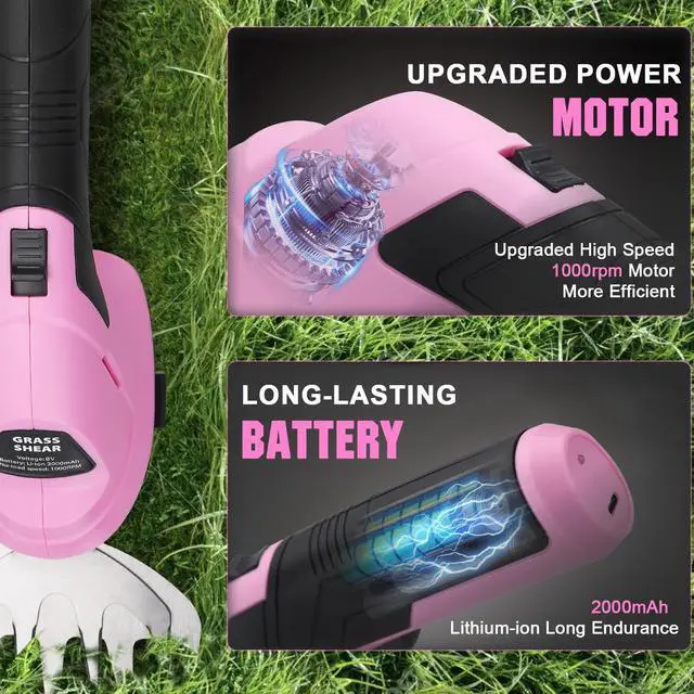 Alt view image 3 of 7 - 2-in-1 Cordless Grass Shear and Hedge Trimmer - Pink, 8V Handheld Electric Shrub Trimmer/Grass Cutter with Rechargeable Lithium-Ion Battery and Type-C Charging Cable